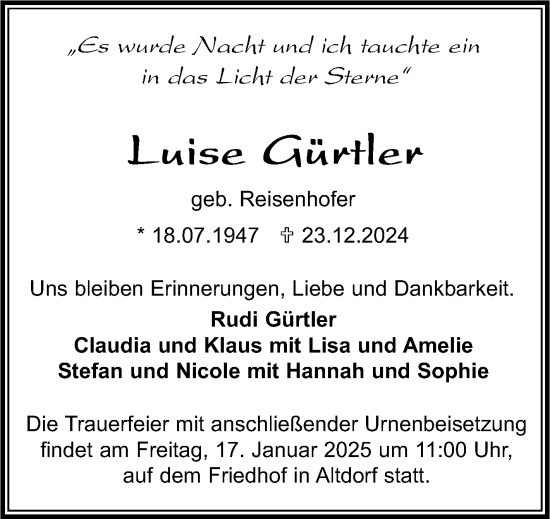 Traueranzeige von Luise Gürtler von Kreiszeitung Böblinger Bote
