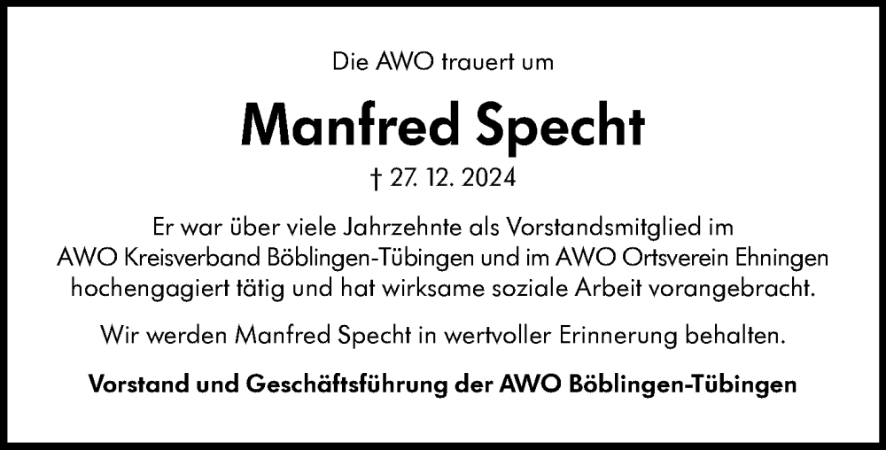  Traueranzeige für Manfred Specht vom 11.01.2025 aus Kreiszeitung Böblinger Bote