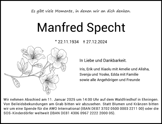 Traueranzeige von Manfred Specht von Kreiszeitung Böblinger Bote