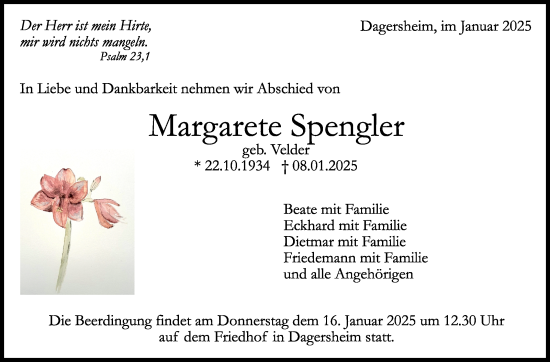 Traueranzeige von Margarete Spengler von Kreiszeitung Böblinger Bote