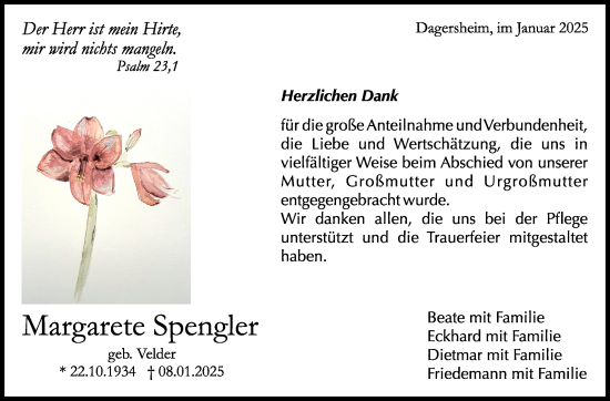 Traueranzeige von Margarete Spengler von Kreiszeitung Böblinger Bote