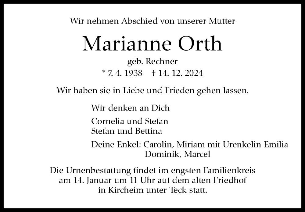  Traueranzeige für Marianne Orth vom 31.12.2024 aus Kreiszeitung Böblinger Bote
