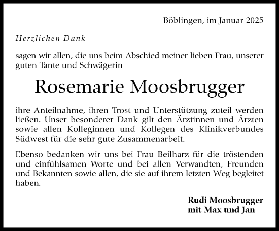 Traueranzeige von Rosemarie Moosbrugger von Kreiszeitung Böblinger Bote