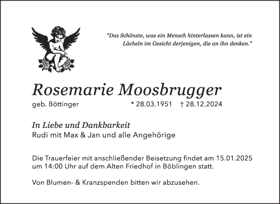 Traueranzeige von Rosemarie Moosbrugger von Kreiszeitung Böblinger Bote