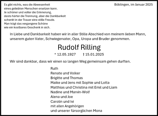 Traueranzeige von Rudolf Rilling von Kreiszeitung Böblinger Bote