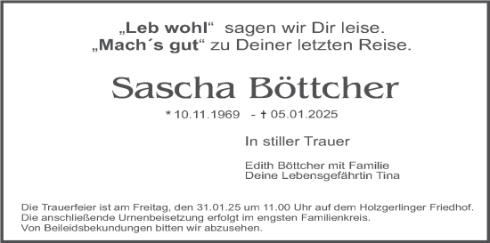 Traueranzeige von Sascha Böttcher von Kreiszeitung Böblinger Bote