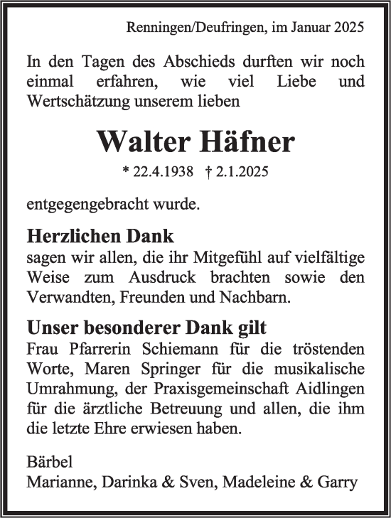 Traueranzeige von Walter Häfner von Kreiszeitung Böblinger Bote
