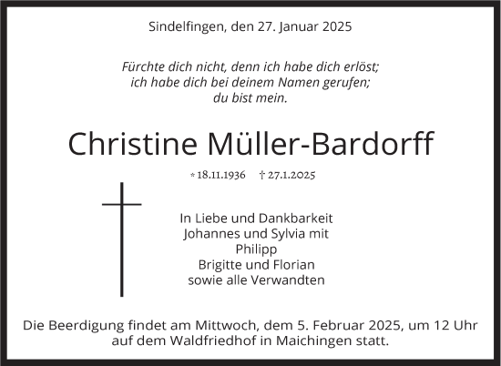 Traueranzeige von Christine Müller-Bardorff von Kreiszeitung Böblinger Bote