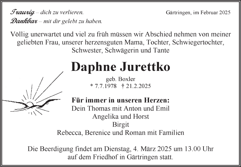  Traueranzeige für Daphne Jurettko vom 27.02.2025 aus Kreiszeitung Böblinger Bote