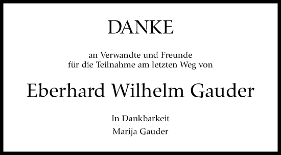 Traueranzeige von Eberhard Wilhelm Gauder von Kreiszeitung Böblinger Bote