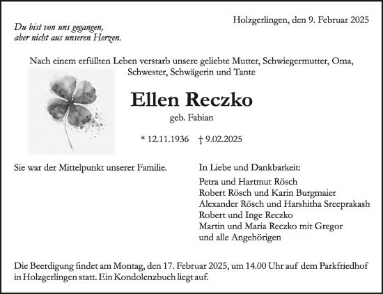 Traueranzeige von Ellen Reczko von Kreiszeitung Böblinger Bote