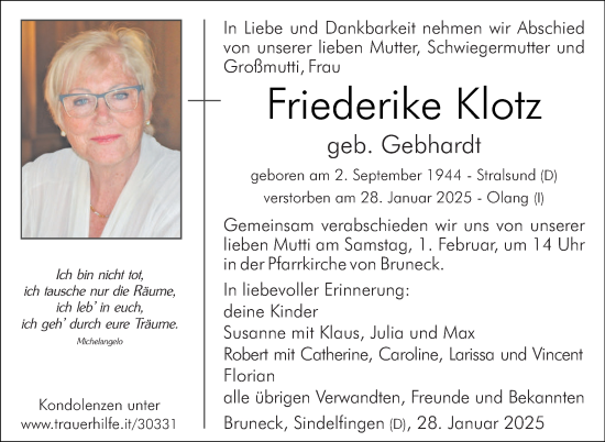 Traueranzeige von Friederike Klotz von Kreiszeitung Böblinger Bote