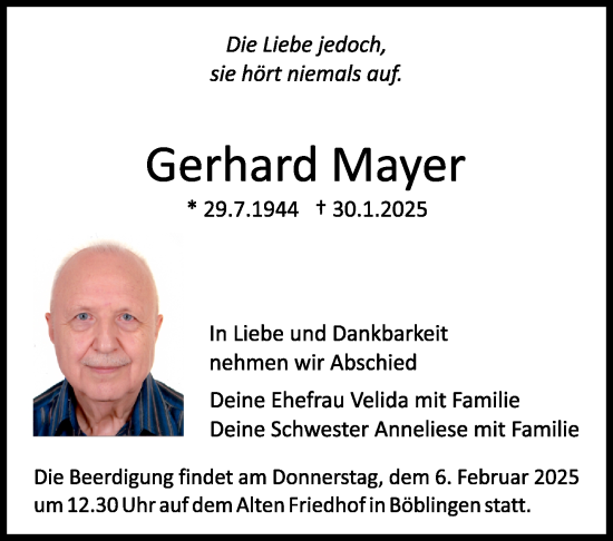 Traueranzeige von Gerhard Mayer von Kreiszeitung Böblinger Bote