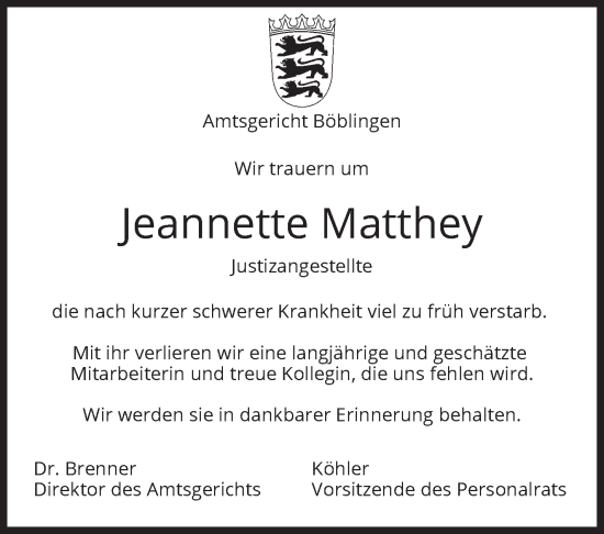 Traueranzeige von Jeannette Matthey von Kreiszeitung Böblinger Bote