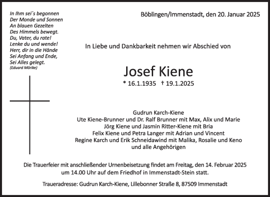 Traueranzeige von Josef Kiene von Kreiszeitung Böblinger Bote