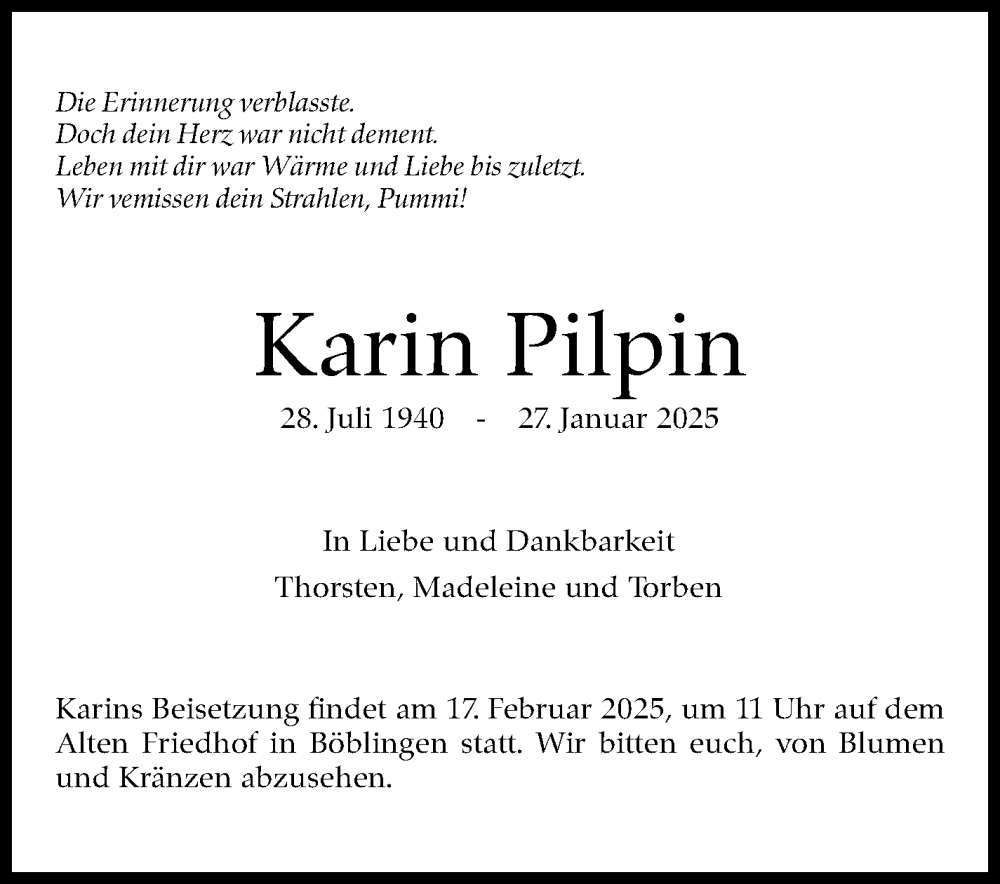  Traueranzeige für Karin Pilpin vom 12.02.2025 aus Kreiszeitung Böblinger Bote