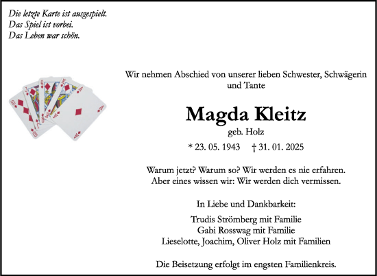 Traueranzeige von Magda Kleitz von Kreiszeitung Böblinger Bote