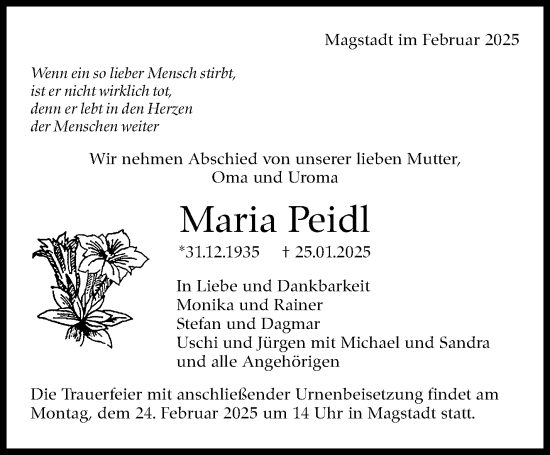 Traueranzeige von Maria Peidl von Kreiszeitung Böblinger Bote