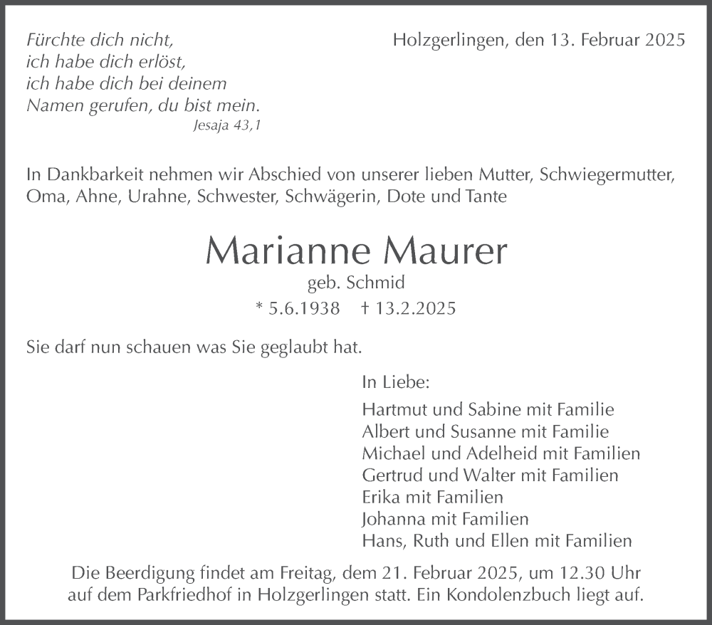  Traueranzeige für Marianne Maurer vom 18.02.2025 aus Kreiszeitung Böblinger Bote