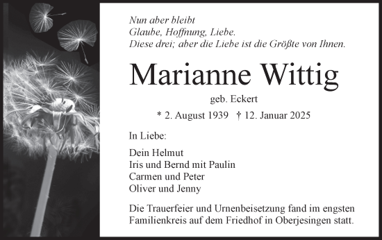 Traueranzeige von Marianne Wittig von Kreiszeitung Böblinger Bote