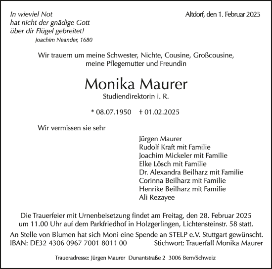 Traueranzeige von Monika Maurer von Kreiszeitung Böblinger Bote