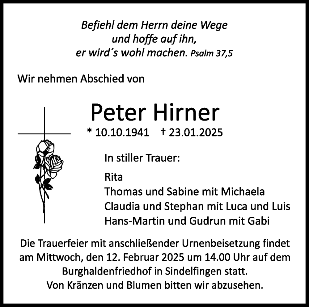  Traueranzeige für Peter Hirner vom 01.02.2025 aus Kreiszeitung Böblinger Bote