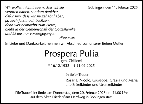 Traueranzeige von Prospera Pulia von Kreiszeitung Böblinger Bote