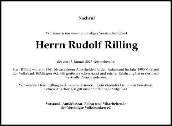 Traueranzeige von Rudolf Rilling von Kreiszeitung Böblinger Bote