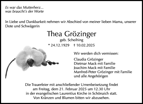 Traueranzeige von Thea Grözinger von Kreiszeitung Böblinger Bote