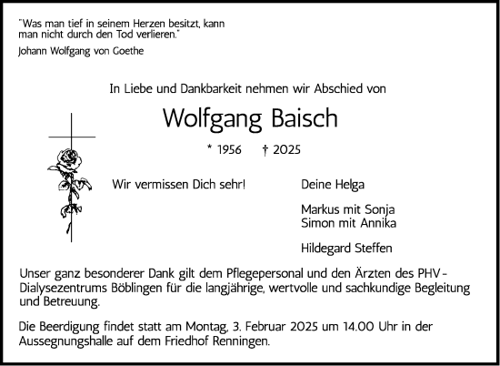 Traueranzeige von Wolfgang Baisch von Kreiszeitung Böblinger Bote