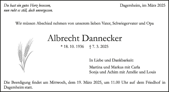 Traueranzeige von Albrecht Dannecker von Kreiszeitung Böblinger Bote