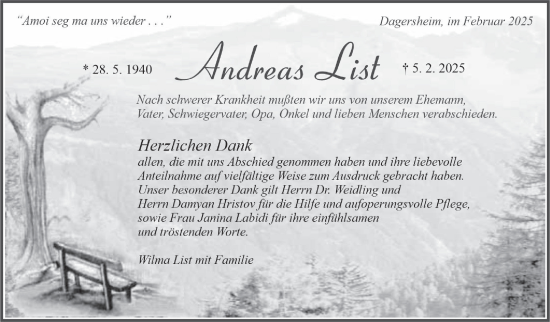 Traueranzeige von Andreas List von Kreiszeitung Böblinger Bote