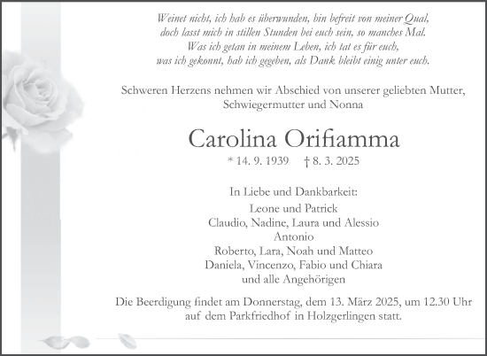 Traueranzeige von Carolina Orifiamma von Kreiszeitung Böblinger Bote