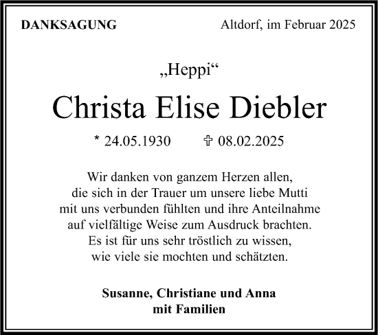 Traueranzeige von Christa Elise Diebler von Kreiszeitung Böblinger Bote