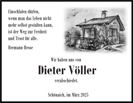 Traueranzeige von Dieter Völler von Kreiszeitung Böblinger Bote