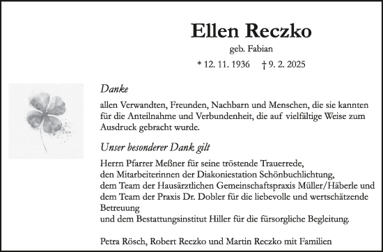 Traueranzeige von Ellen Reczko von Kreiszeitung Böblinger Bote
