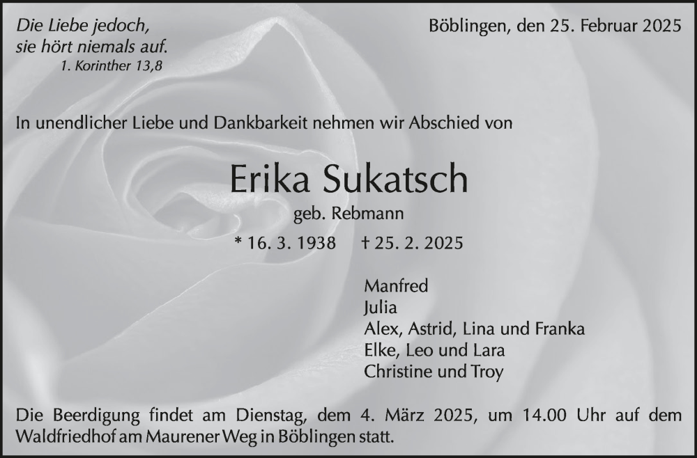  Traueranzeige für Erika Sukatsch vom 01.03.2025 aus Kreiszeitung Böblinger Bote