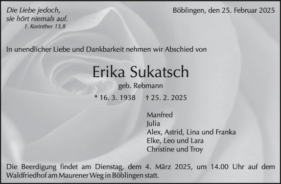 Traueranzeige von Erika Sukatsch von Kreiszeitung Böblinger Bote
