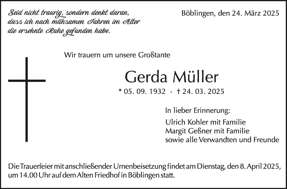  Traueranzeige für Gerda Müller vom 29.03.2025 aus Kreiszeitung Böblinger Bote