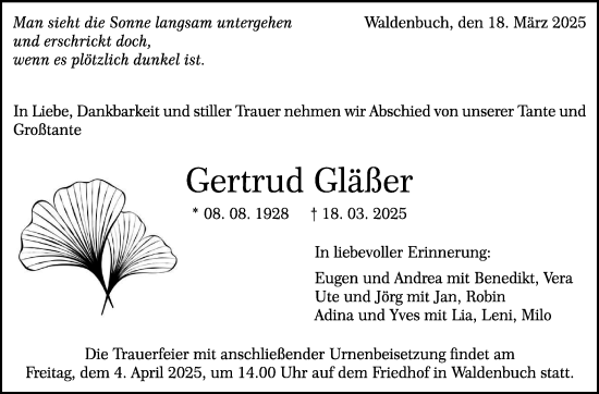 Traueranzeige von Gertrud Gläßer von Kreiszeitung Böblinger Bote