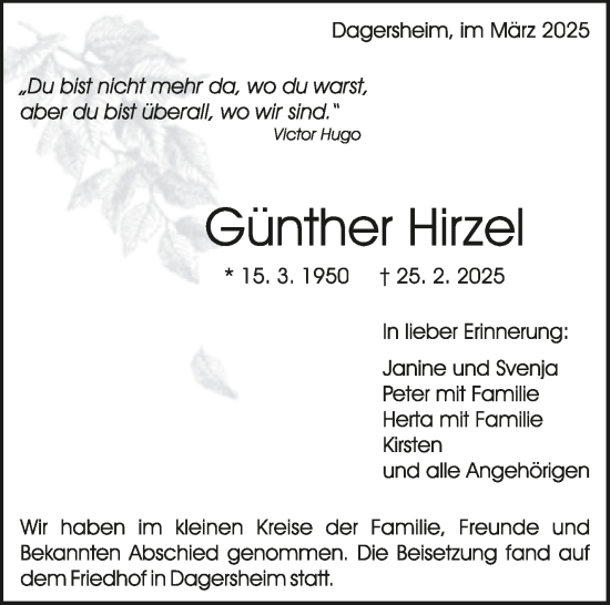 Traueranzeige von Günther Hirzel von Kreiszeitung Böblinger Bote
