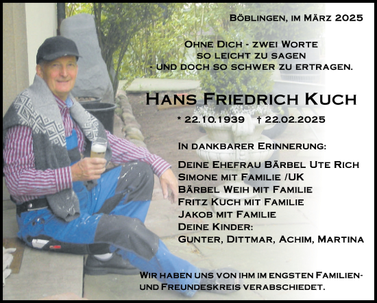 Traueranzeige von Hans Friedrich Kuch von Kreiszeitung Böblinger Bote