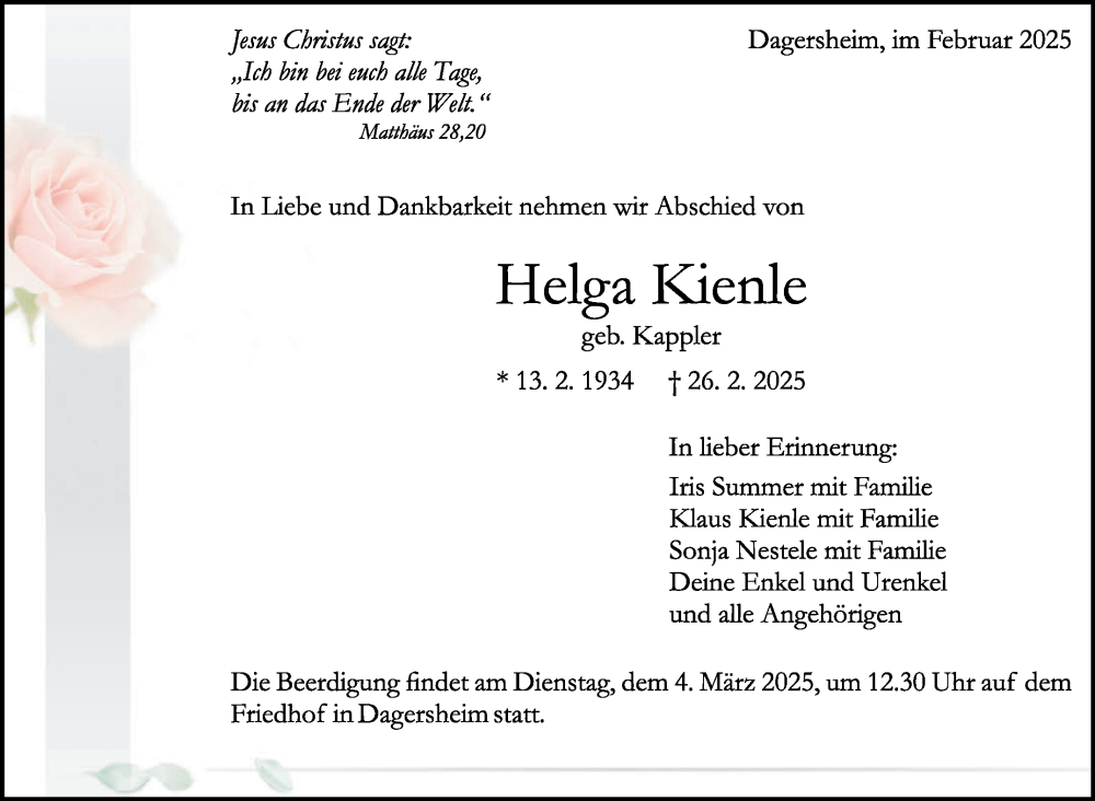  Traueranzeige für Helga Kienle vom 01.03.2025 aus Kreiszeitung Böblinger Bote