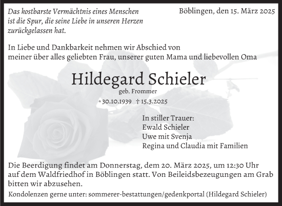 Traueranzeige von Hildegard Schieler von Kreiszeitung Böblinger Bote