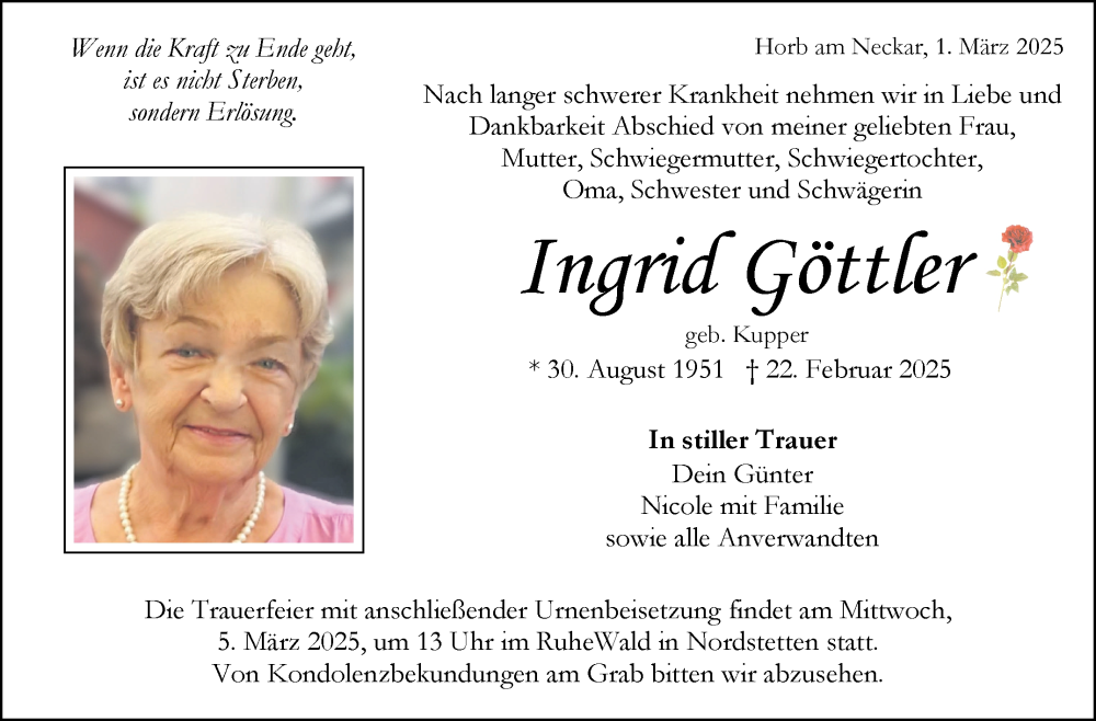  Traueranzeige für Ingrid Göttler vom 01.03.2025 aus Kreiszeitung Böblinger Bote