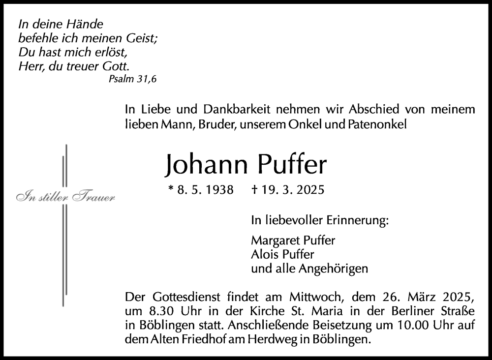  Traueranzeige für Johann Puffer vom 22.03.2025 aus Kreiszeitung Böblinger Bote