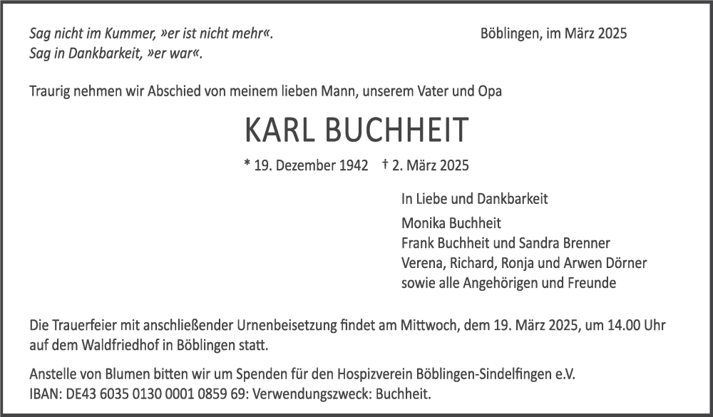  Traueranzeige für Karl Buchheit vom 15.03.2025 aus Kreiszeitung Böblinger Bote