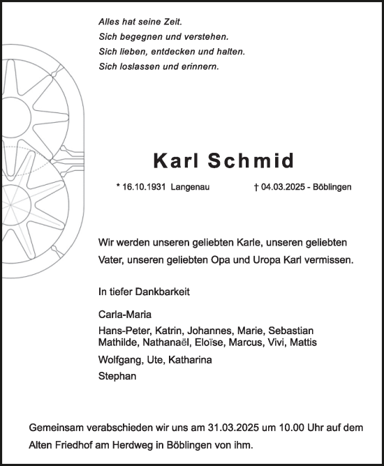 Traueranzeige von Karl Schmid von Kreiszeitung Böblinger Bote