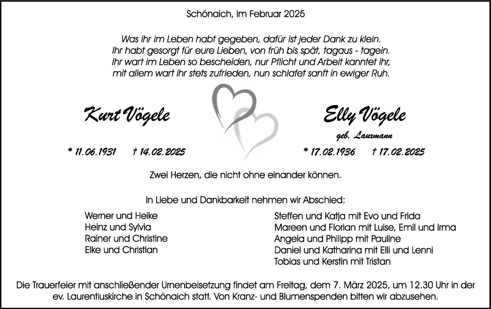  Traueranzeige für Kurt und Elly Vögele vom 28.02.2025 aus Kreiszeitung Böblinger Bote