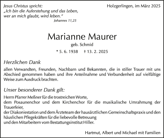 Traueranzeige von Marianne Maurer von Kreiszeitung Böblinger Bote